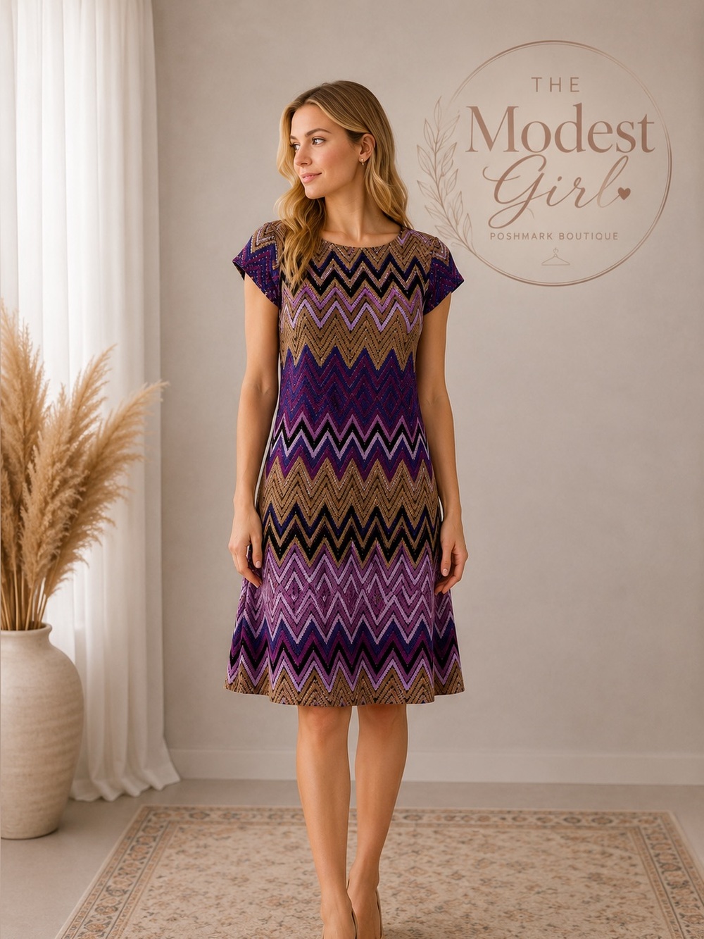 Sharagano Purple and Nude Chevron Knit Midi Dress